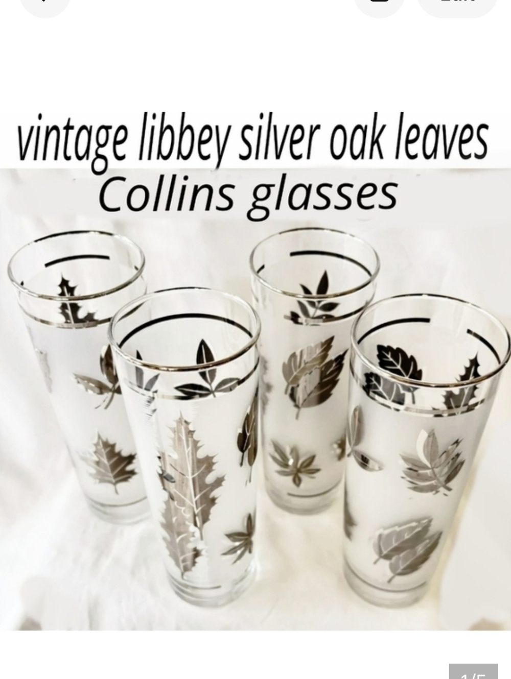 4 Vintage Libbey Metalli Silver Oak Leaves Frosted Collins Glasses 7" H